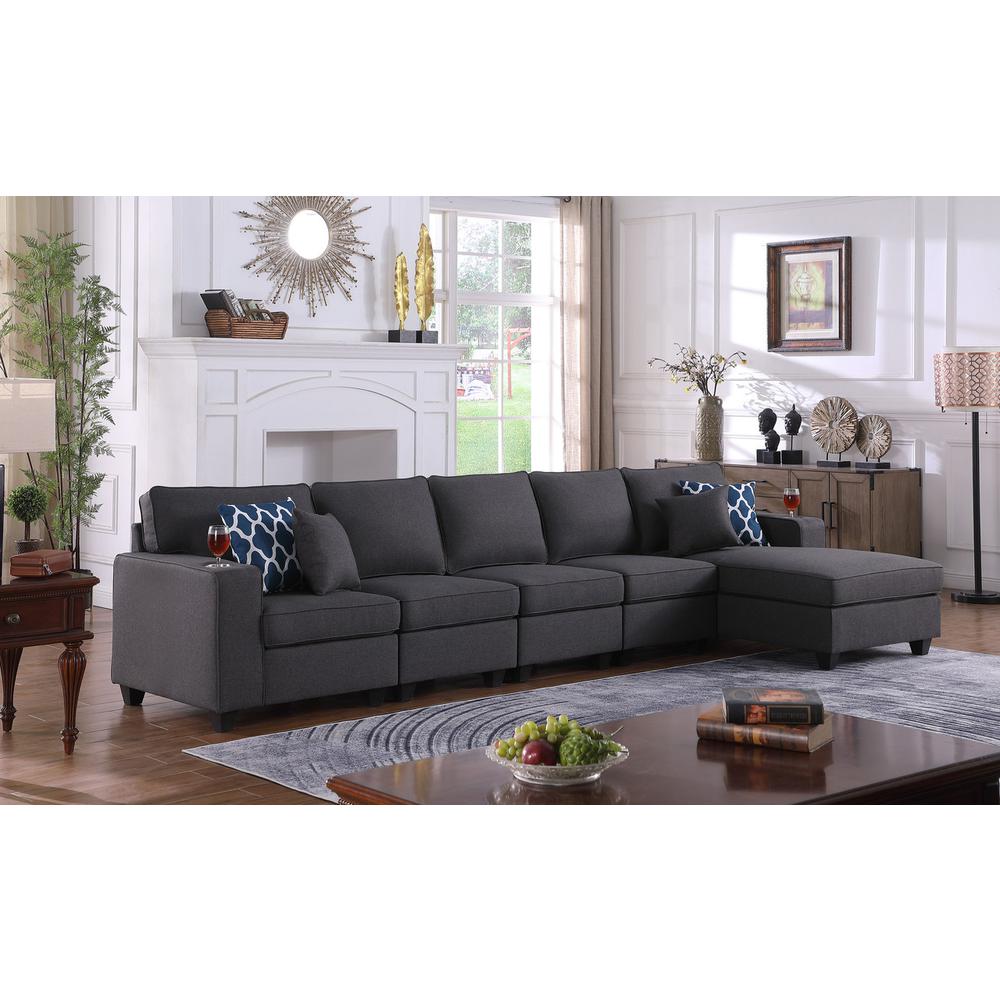 Cooper Dark Gray Linen 5Pc Sectional Sofa Chaise with Cupholder. Picture 3