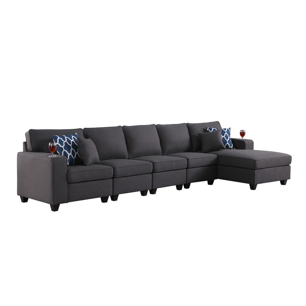 Cooper Dark Gray Linen 5Pc Sectional Sofa Chaise with Cupholder. Picture 1
