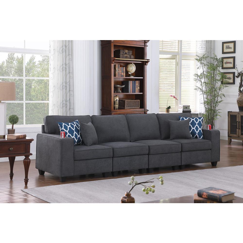 Cooper Stone Gray Woven Fabric 4-Seater Sofa with Cupholder. Picture 4