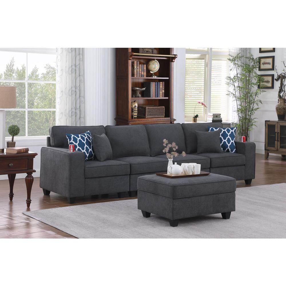 Cooper Stone Gray Woven Fabric 4-Seater Sofa with Ottoman & Cupholder. Picture 6