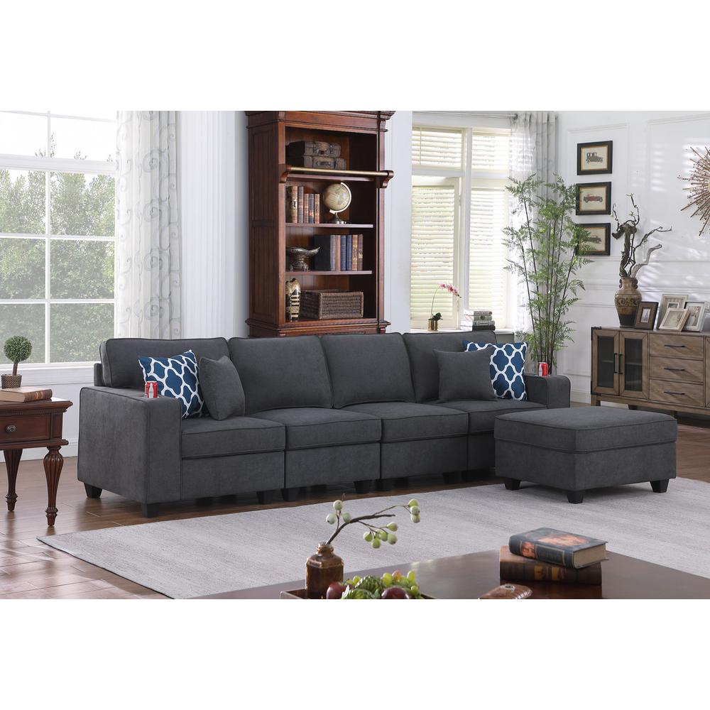 Cooper Stone Gray Woven Fabric 4-Seater Sofa with Ottoman and Cupholder. Picture 6