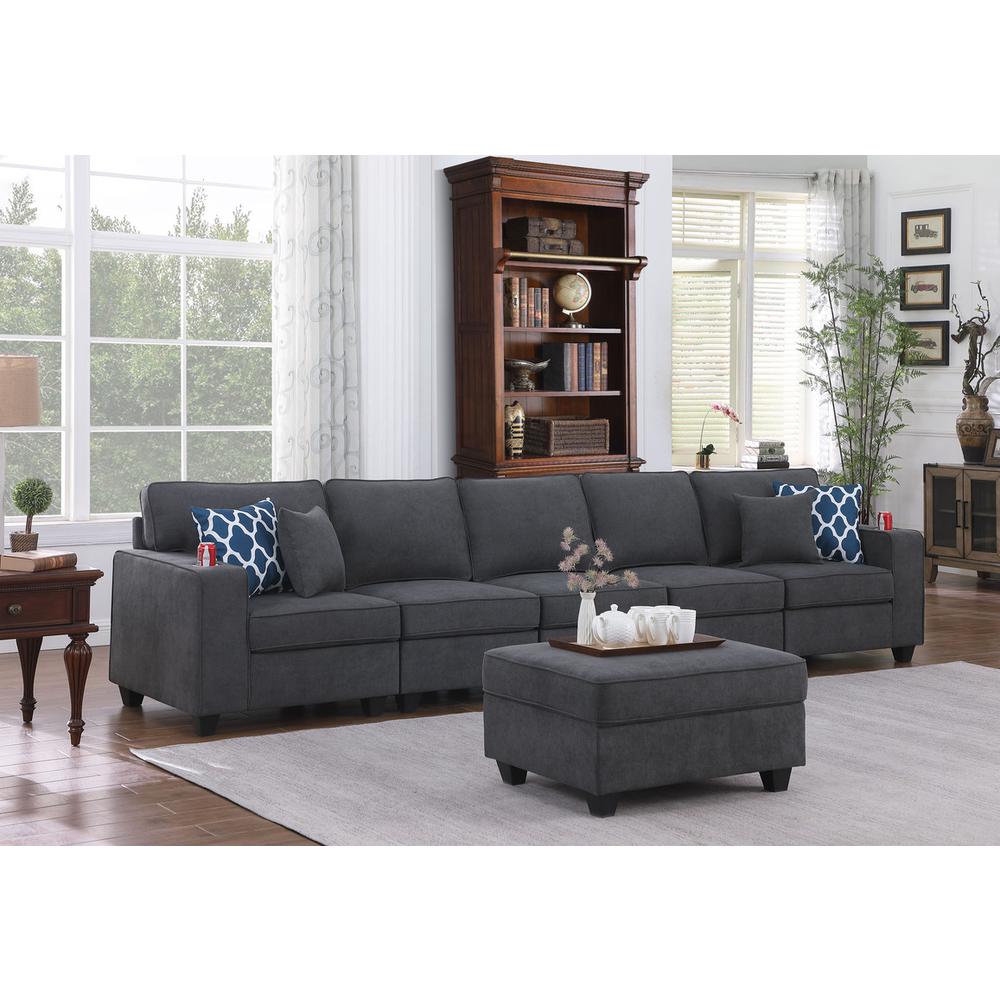 Cooper Stone Gray Woven Fabric 5-Seater Sofa with Ottoman & Cupholder. Picture 6