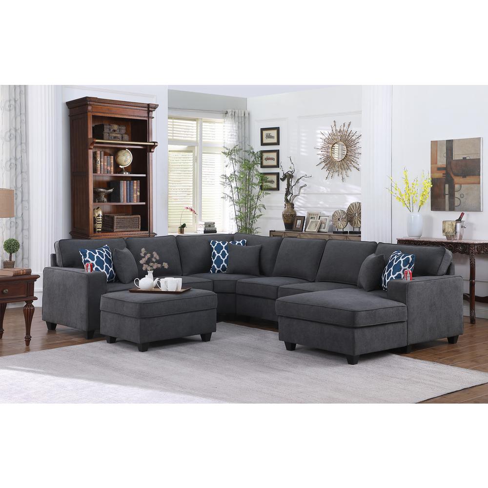 Cooper Stone Gray Woven Fabric 7Pc Modular Sectional Sofa Chaise with Ottoman and Cupholder. Picture 5