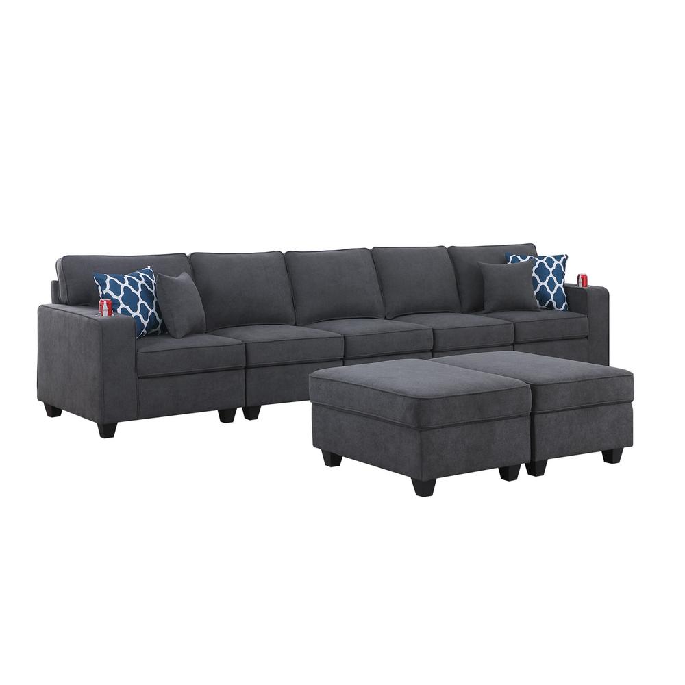 Cooper Stone Gray Woven Fabric 5-Seater Sofa with 2 Ottomans & Cupholder. The main picture.