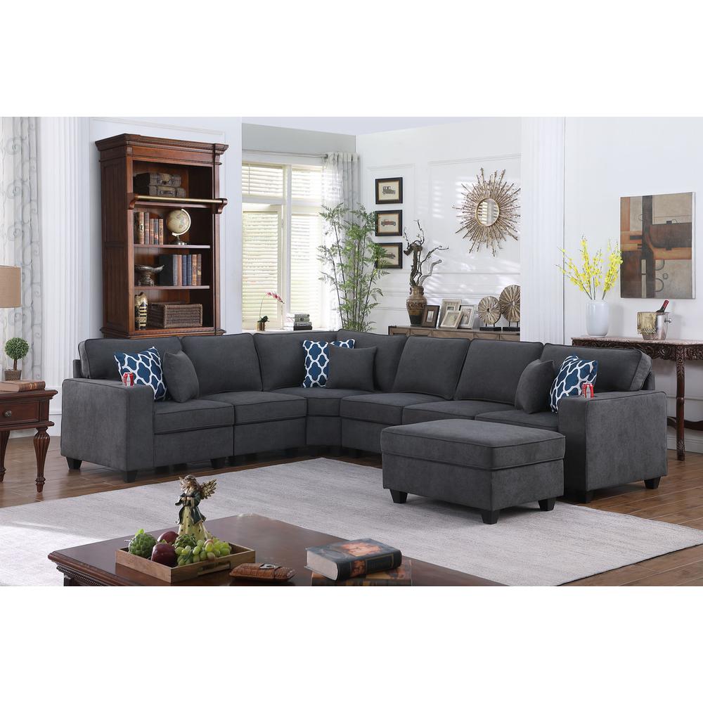 Cooper Stone Gray Woven Fabric 7 Pc Reversible L-Shape Sectional Sofa with Ottoman & Cupholder. Picture 8