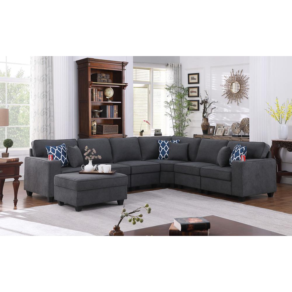 Cooper Stone Gray Woven Fabric 7Pc Reversible L-Shape Sectional Sofa with Ottoman and Cupholder. Picture 8