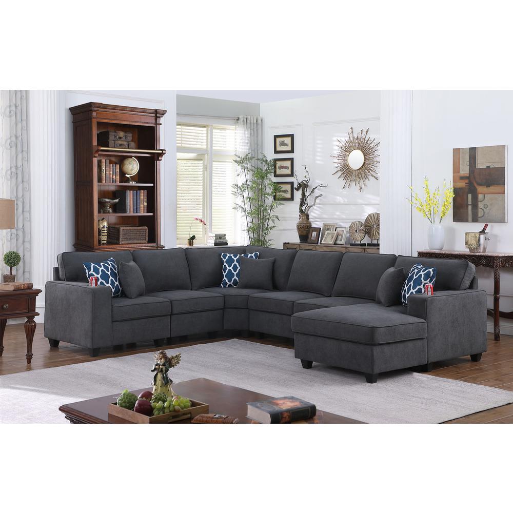 Cooper Stone Gray Woven Fabric 6Pc Modular Sectional Sofa Chaise with Cupholder. Picture 4