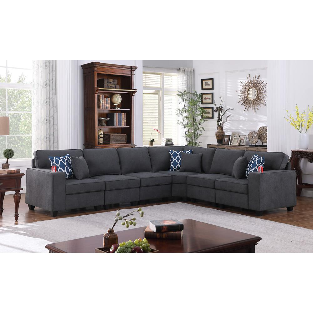 Cooper Stone Gray Woven Fabric 6Pc Reversible L-Shape Sectional Sofa with Cupholder. Picture 5