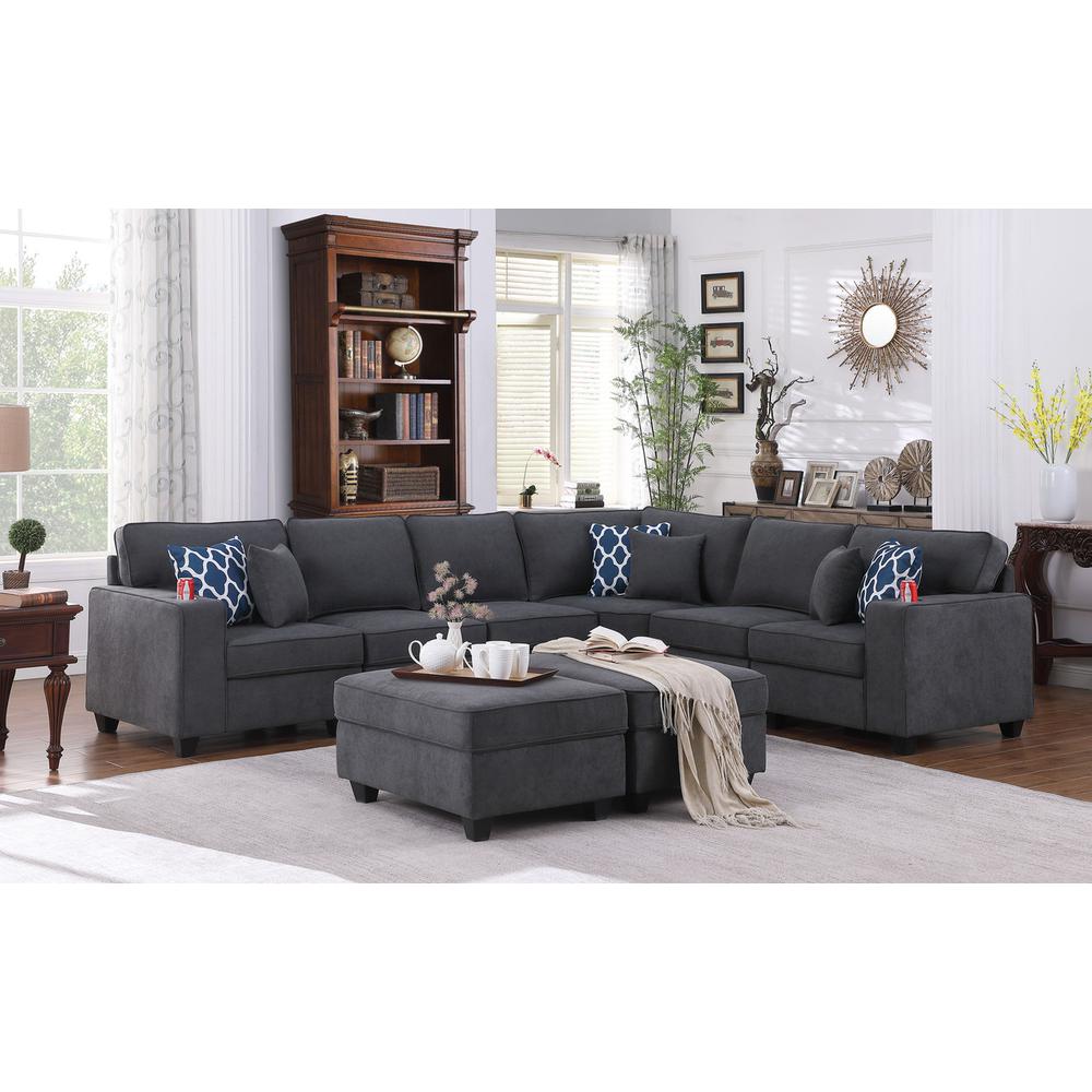 Cooper Stone Gray Woven Fabric 8 Pc Reversible L-Shape Sectional Sofa with Ottomans and Cupholder. Picture 7