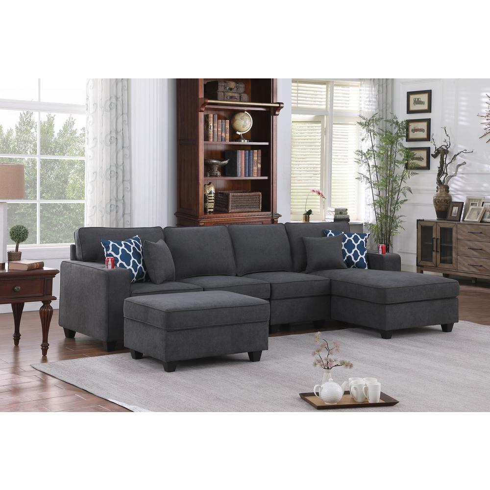 Cooper Stone Gray Woven Fabric 5Pc Sectional Sofa Chaise with Ottoman and Cupholder. Picture 6