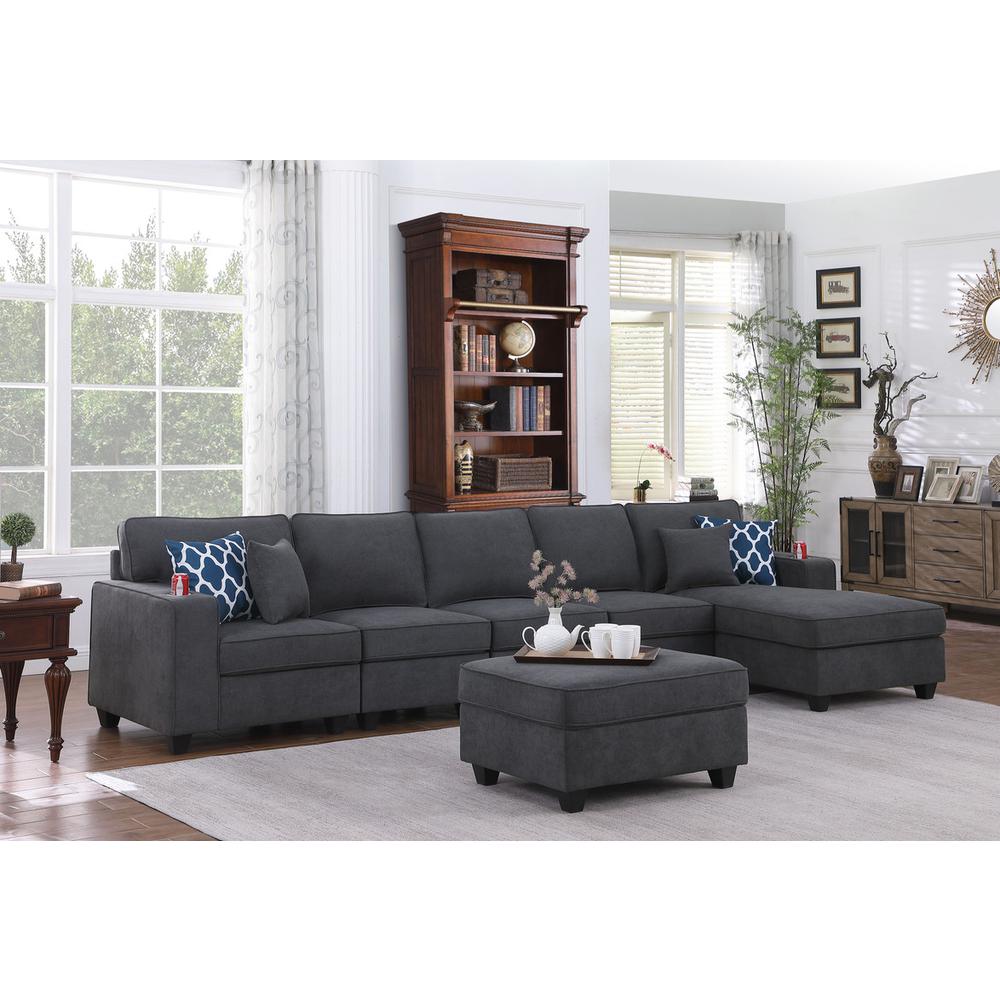 Cooper Stone Gray Woven Fabric 6 Pc Sectional Sofa Chaise with Ottoman and Cupholder. Picture 6