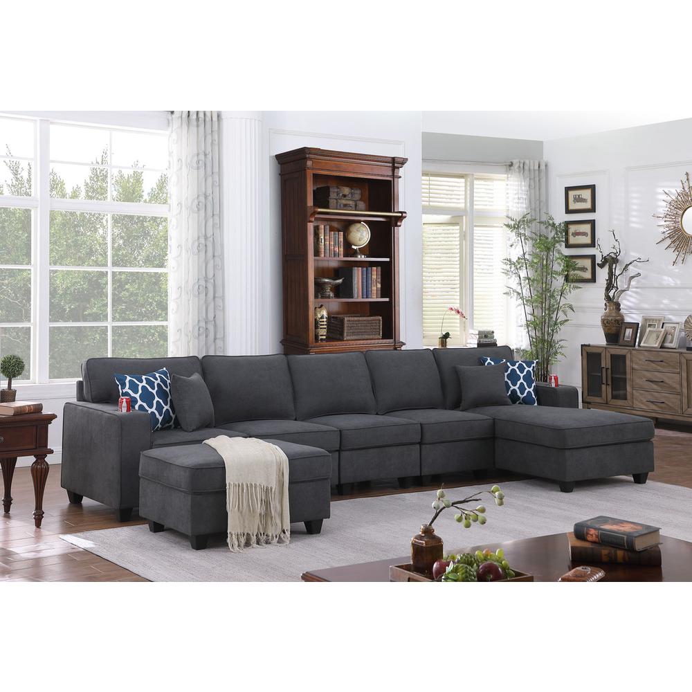 Cooper Stone Gray Woven Fabric 6Pc Sectional Sofa Chaise with Ottoman and Cupholder. Picture 6
