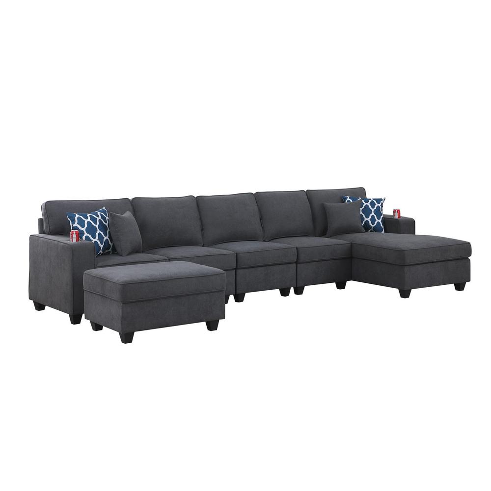 Cooper Stone Gray Woven Fabric 6 Pc Sectional Sofa Chaise with Ottoman and Cupholder. Picture 2