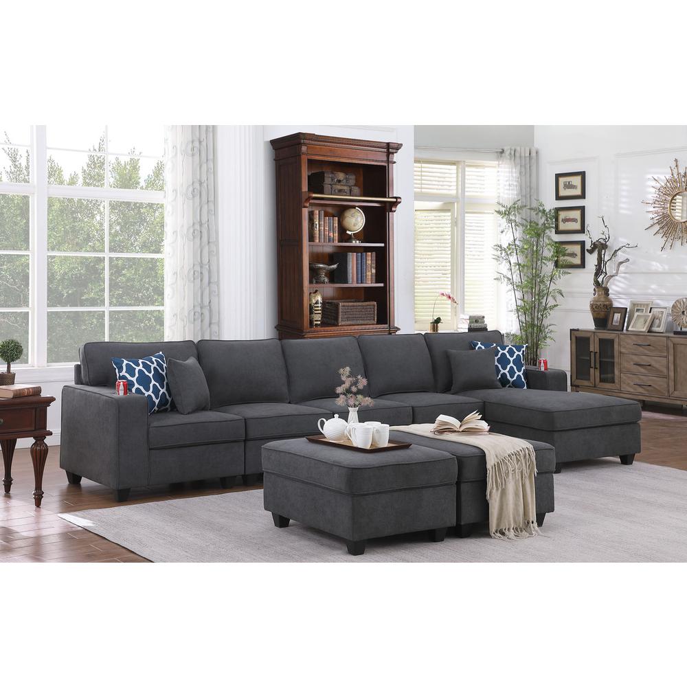 Cooper Stone Gray Woven Fabric Sectional Sofa Chaise with 2 Ottomans and Cupholder. Picture 5