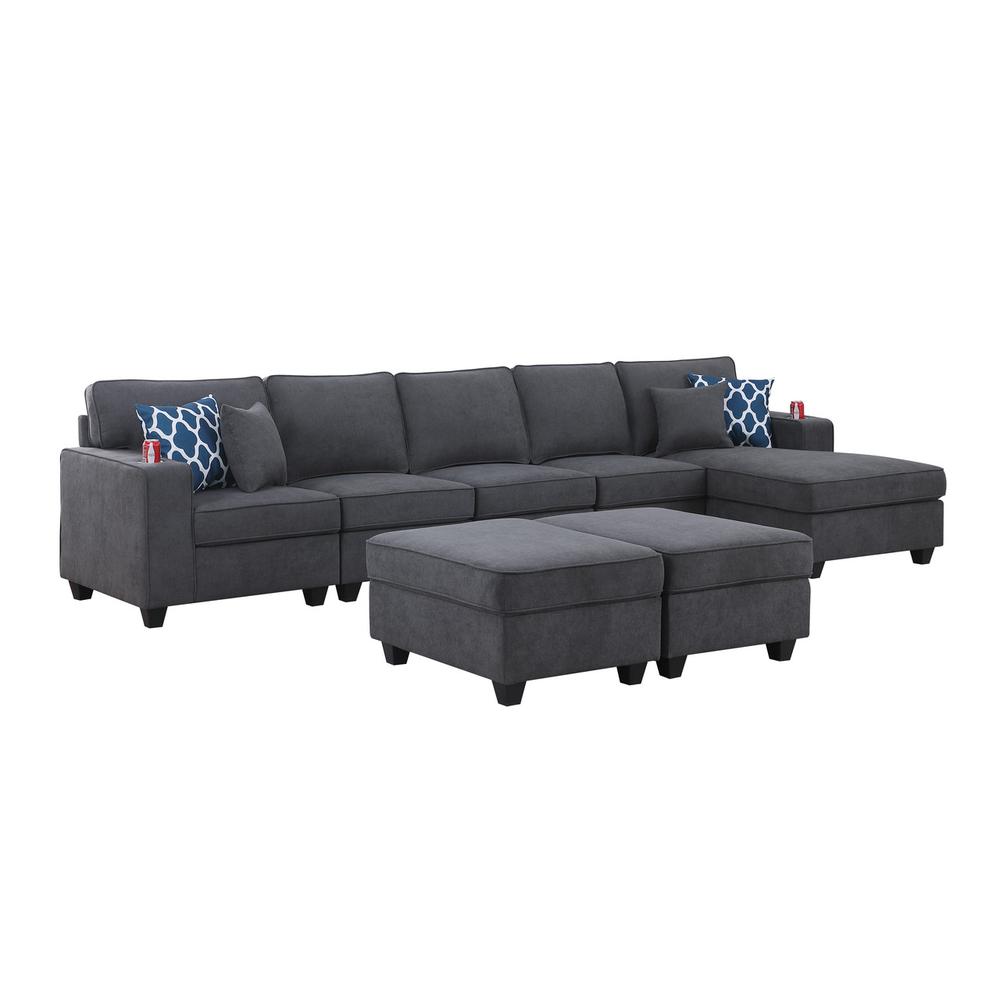 Cooper Stone Gray Woven Fabric Sectional Sofa Chaise with 2 Ottomans and Cupholder. The main picture.