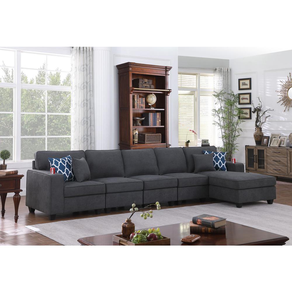 Cooper Stone Gray Woven Fabric 5Pc Sectional Sofa Chaise with Cupholder. Picture 4