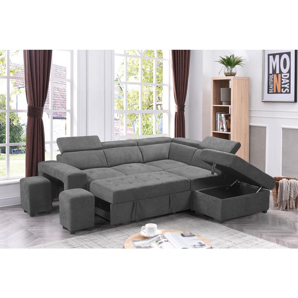 Henrik Light Gray Sleeper Sectional Sofa with Storage Ottoman and 2 Stools. Picture 1