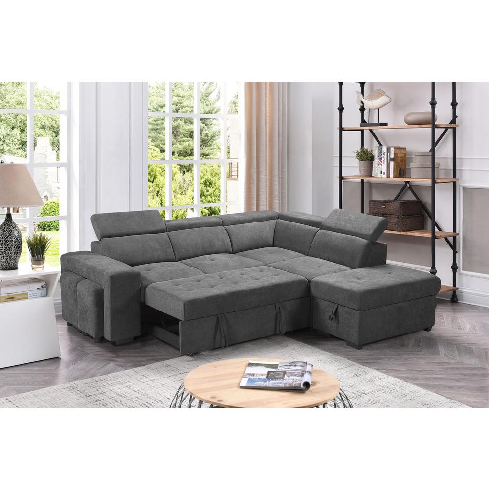 Henrik Light Gray Sleeper Sectional Sofa with Storage Ottoman and 2 Stools. Picture 5