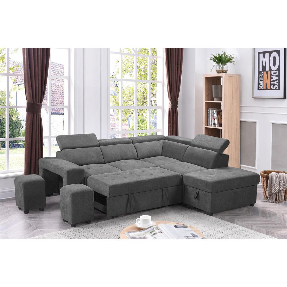 Henrik Light Gray Sleeper Sectional Sofa with Storage Ottoman and 2 Stools. Picture 6