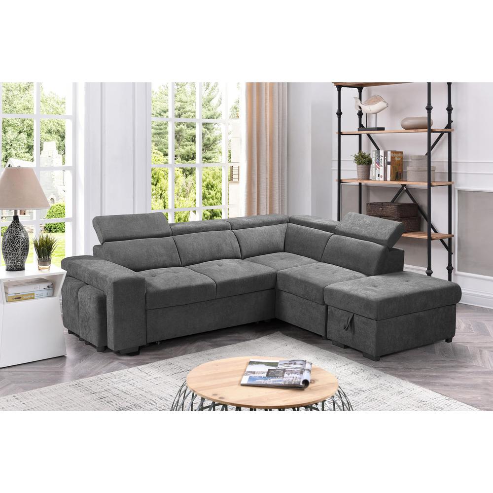 Henrik Light Gray Sleeper Sectional Sofa with Storage Ottoman and 2 Stools. Picture 9
