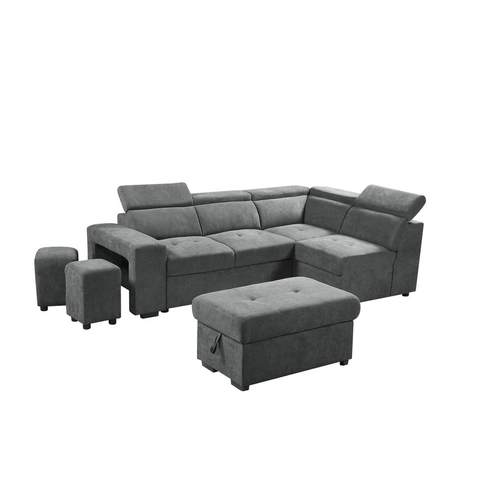 Henrik Light Gray Sleeper Sectional Sofa with Storage Ottoman and 2 Stools. Picture 4