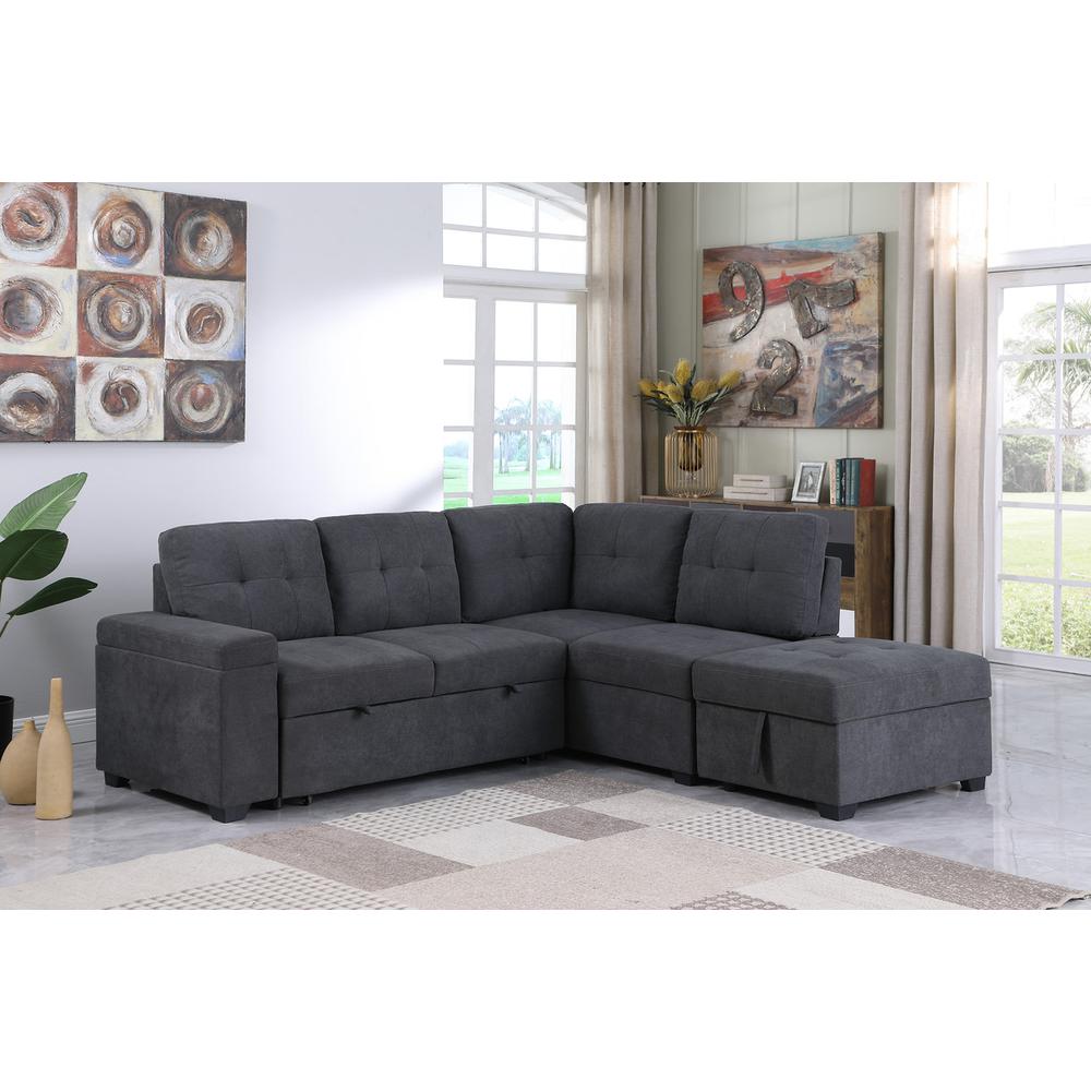 Sadie Dark Gray Woven Fabric Sleeper Sectional Sofa with Storage Ottoman, Storage Arm. The main picture.