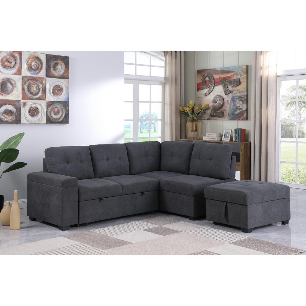 Sadie Dark Gray Woven Fabric Sleeper Sectional Sofa with Storage Ottoman, Storage Arm. Picture 3