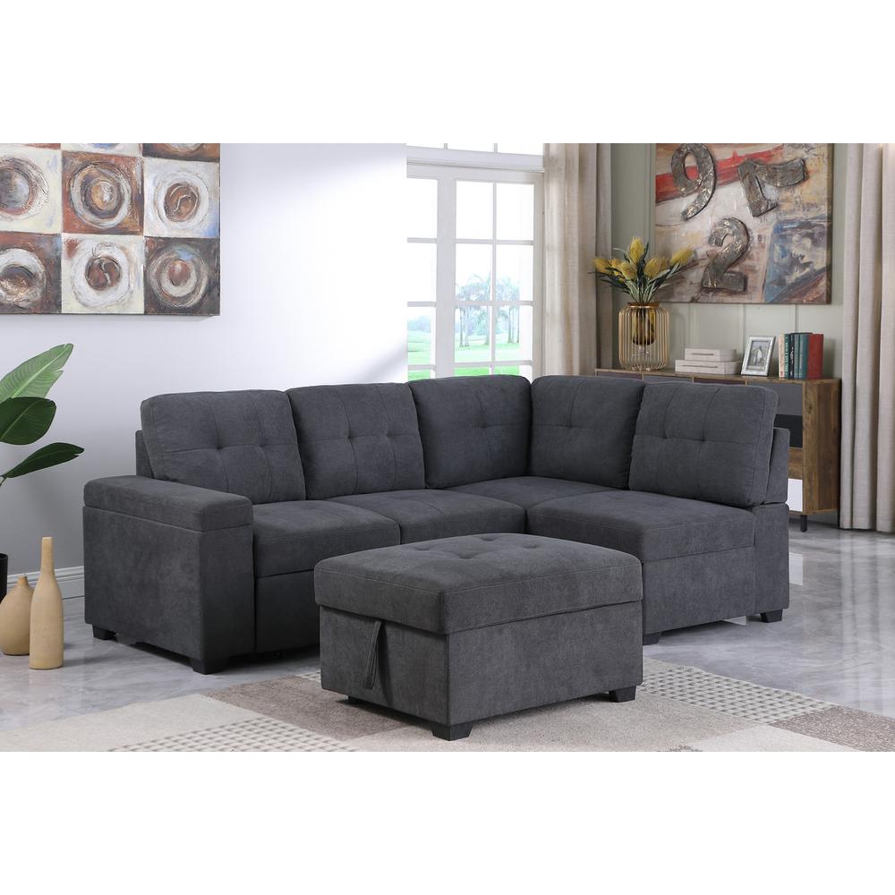 Sadie Dark Gray Woven Fabric Sleeper Sectional Sofa with Storage Ottoman, Storage Arm. Picture 4