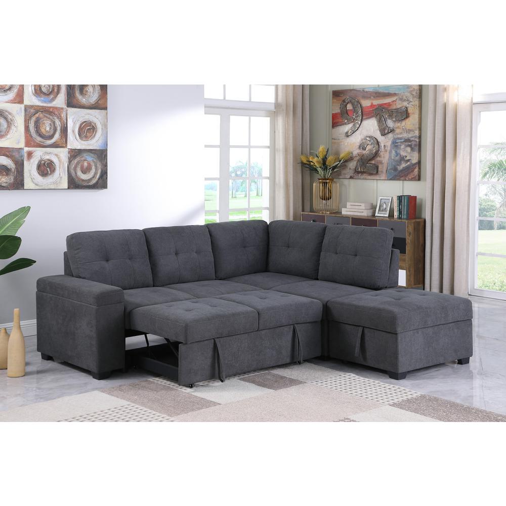 Sadie Dark Gray Woven Fabric Sleeper Sectional Sofa with Storage Ottoman, Storage Arm. Picture 5