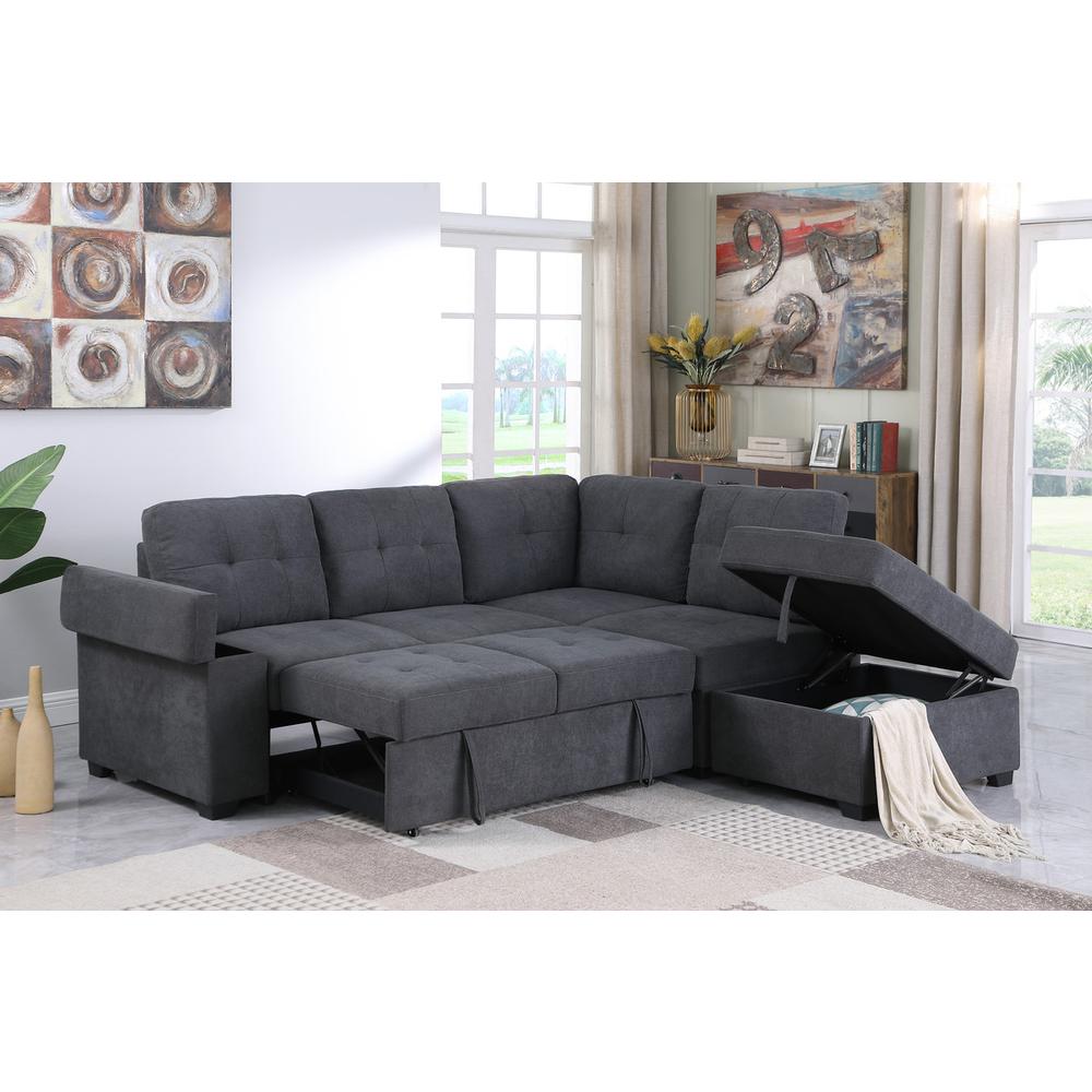 Sadie Dark Gray Woven Fabric Sleeper Sectional Sofa with Storage Ottoman, Storage Arm. Picture 6