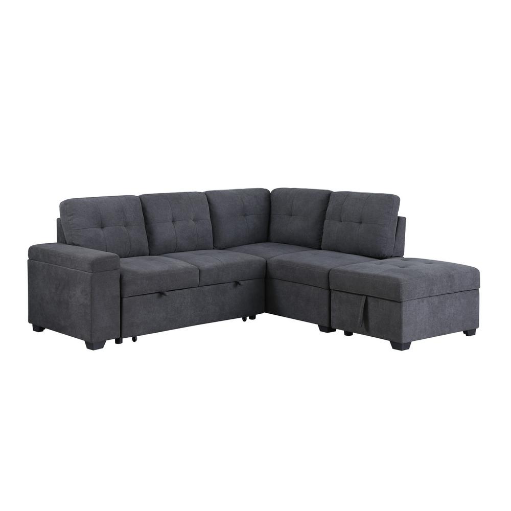 Sadie Dark Gray Woven Fabric Sleeper Sectional Sofa with Storage Ottoman, Storage Arm. Picture 2