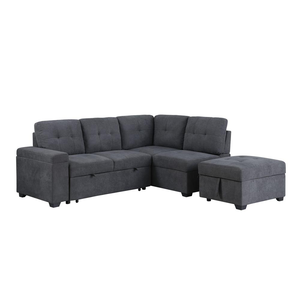 Sadie Dark Gray Woven Fabric Sleeper Sectional Sofa with Storage Ottoman, Storage Arm. Picture 7