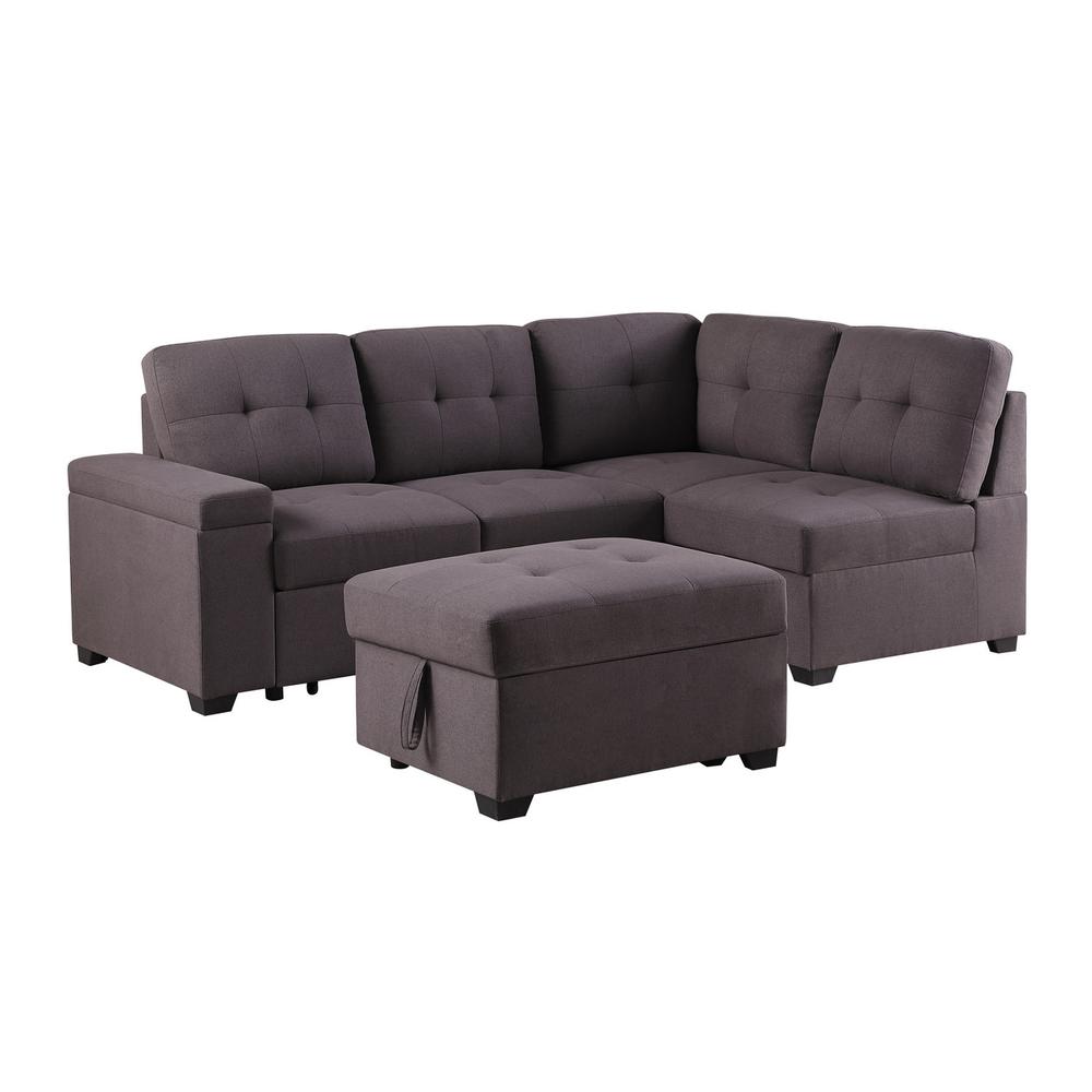 Katie Brown Linen Sleeper Sectional Sofa with Storage Ottoman, Storage Arm. Picture 5