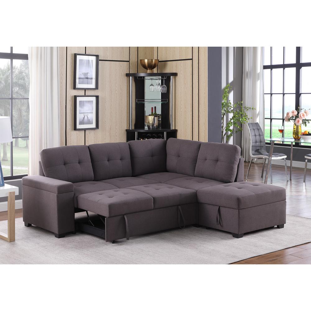 Katie Brown Linen Sleeper Sectional Sofa with Storage Ottoman, Storage Arm. Picture 3