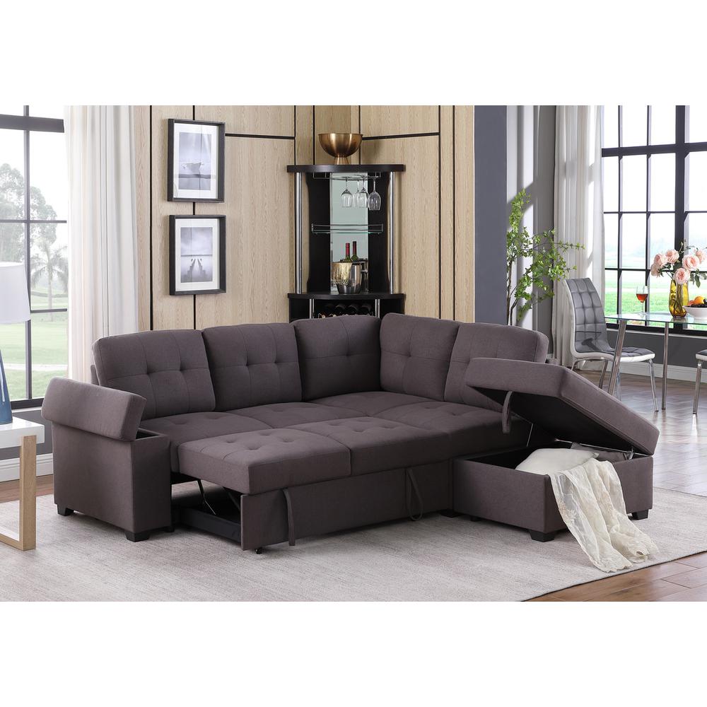 Katie Brown Linen Sleeper Sectional Sofa with Storage Ottoman, Storage Arm. Picture 4
