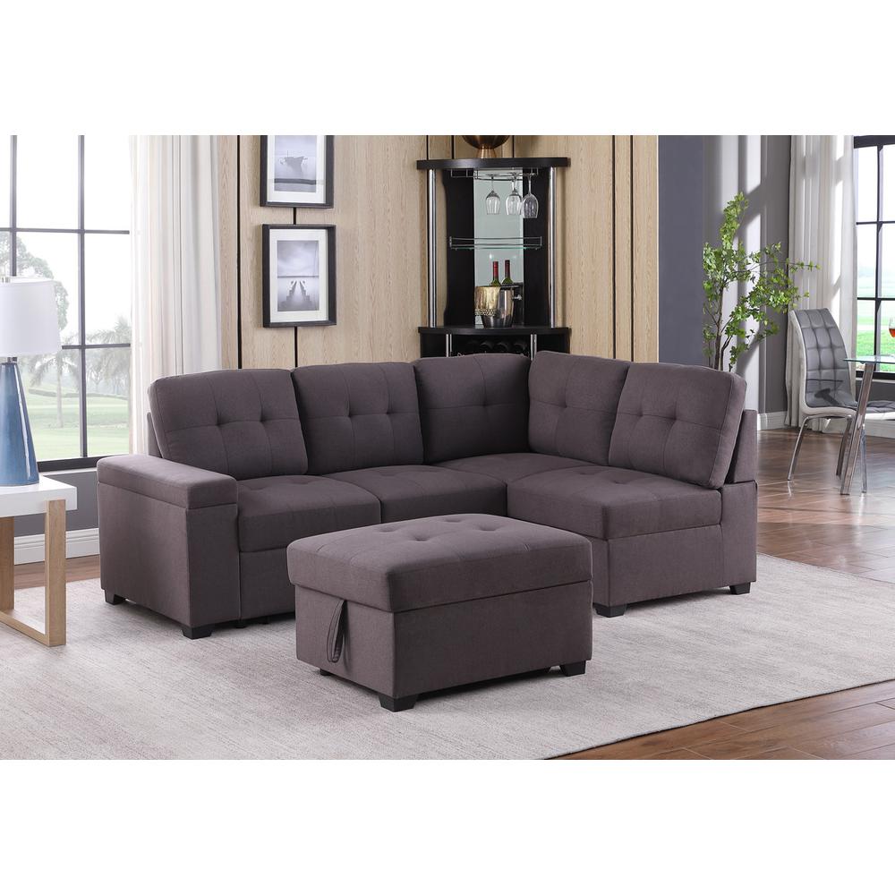 Katie Brown Linen Sleeper Sectional Sofa with Storage Ottoman, Storage Arm. Picture 5