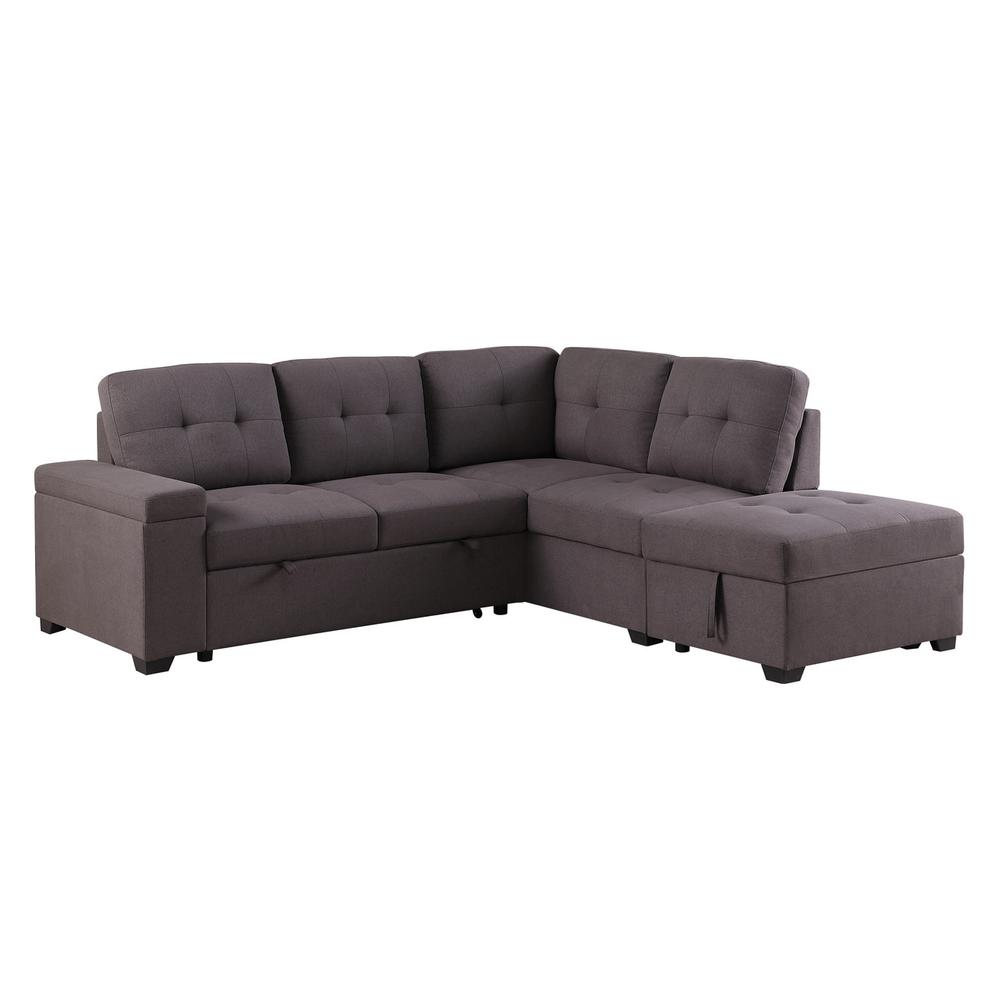 Katie Brown Linen Sleeper Sectional Sofa with Storage Ottoman, Storage Arm. Picture 6
