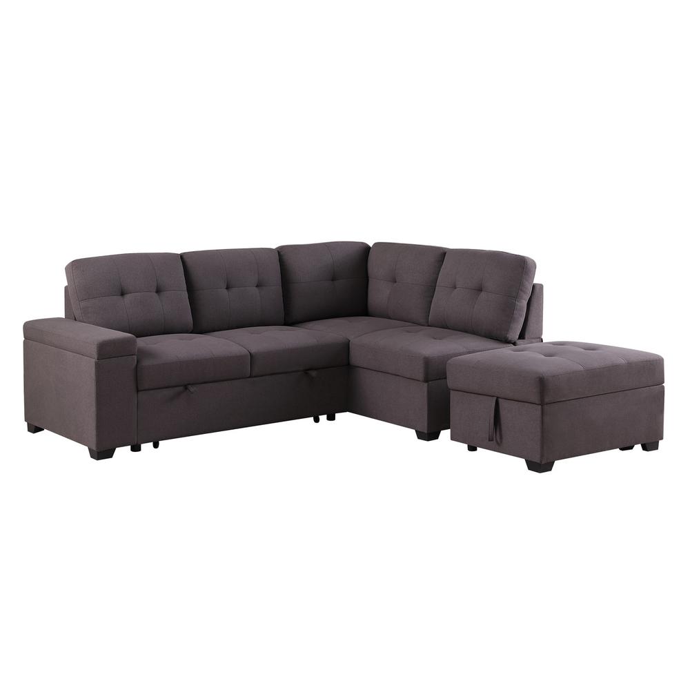 Katie Brown Linen Sleeper Sectional Sofa with Storage Ottoman, Storage Arm. Picture 7