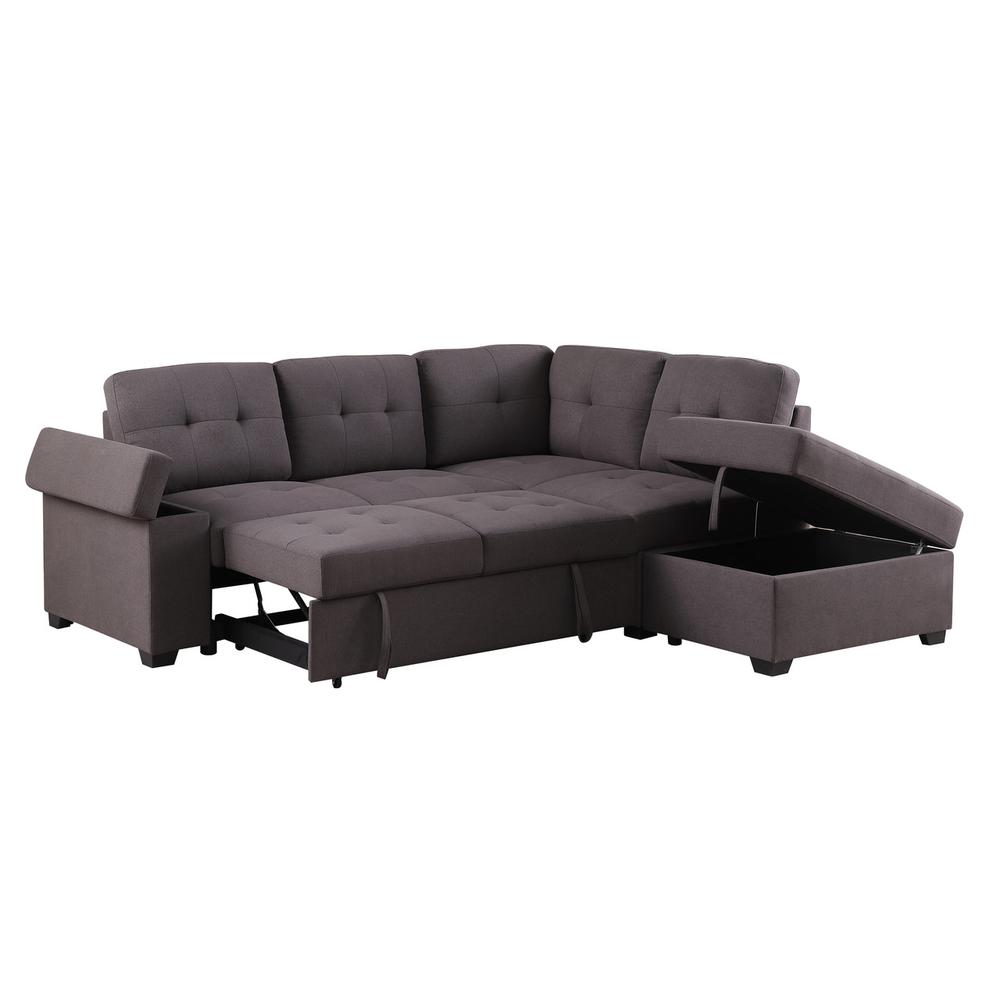 Katie Brown Linen Sleeper Sectional Sofa with Storage Ottoman, Storage Arm. Picture 4