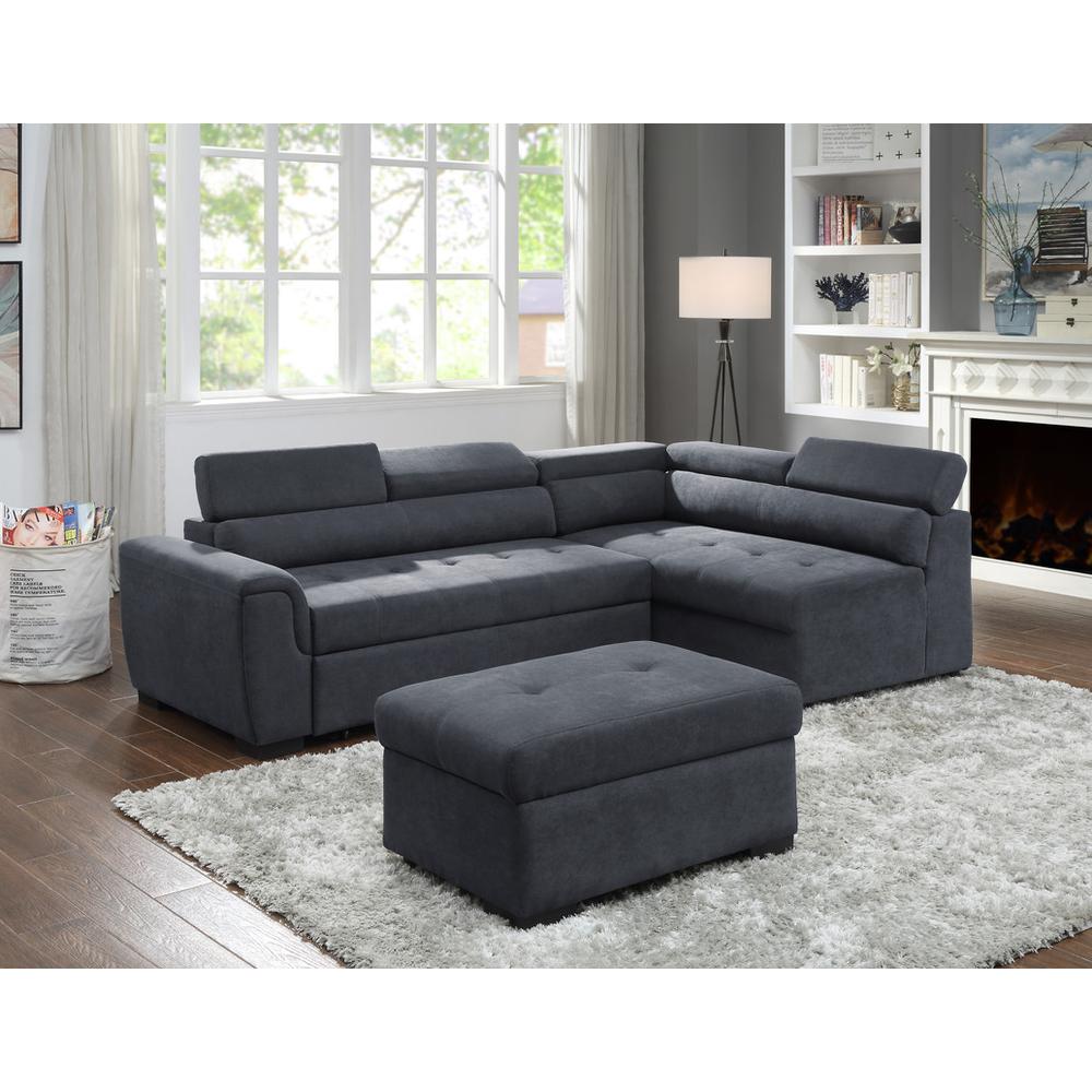 Haris Dark Gray Fabric Sleeper Sofa Sectional with Adjustable Headrest and Storage Ottoman. Picture 3