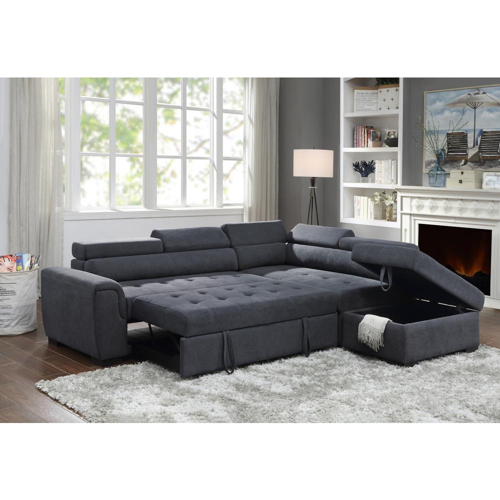 Haris Dark Gray Fabric Sleeper Sofa Sectional with Adjustable Headrest and Storage Ottoman. Picture 4