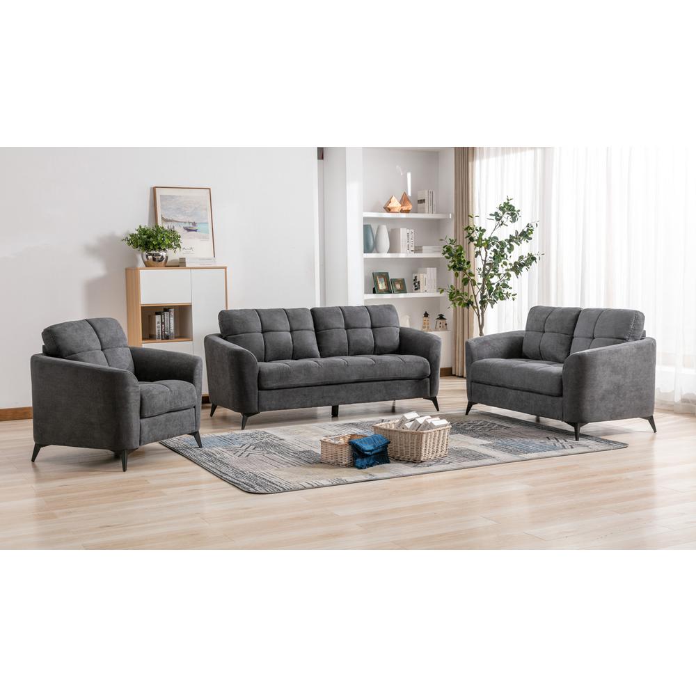Callie Gray Velvet Fabric Sofa Loveseat Chair Living Room Set. Picture 12
