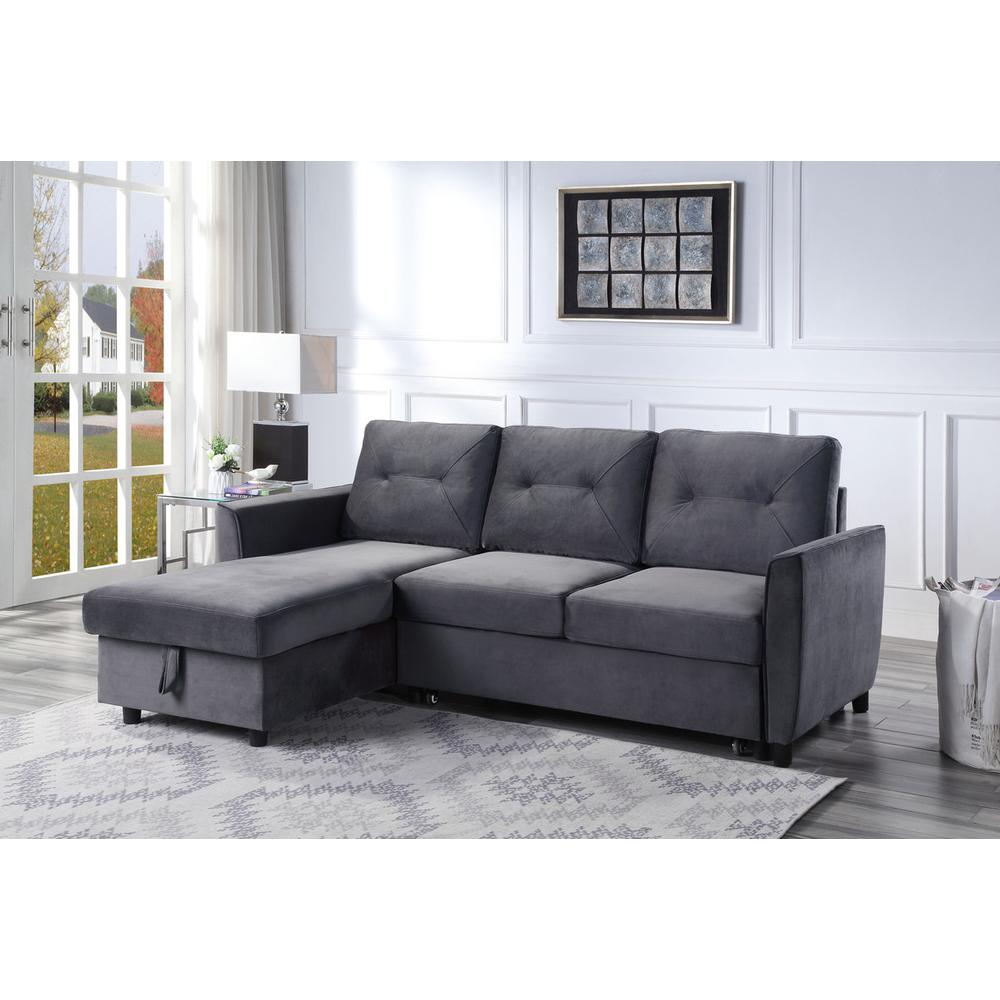 Hudson Dark Gray Velvet Reversible Sleeper Sectional Sofa with Storage Chaise. Picture 4