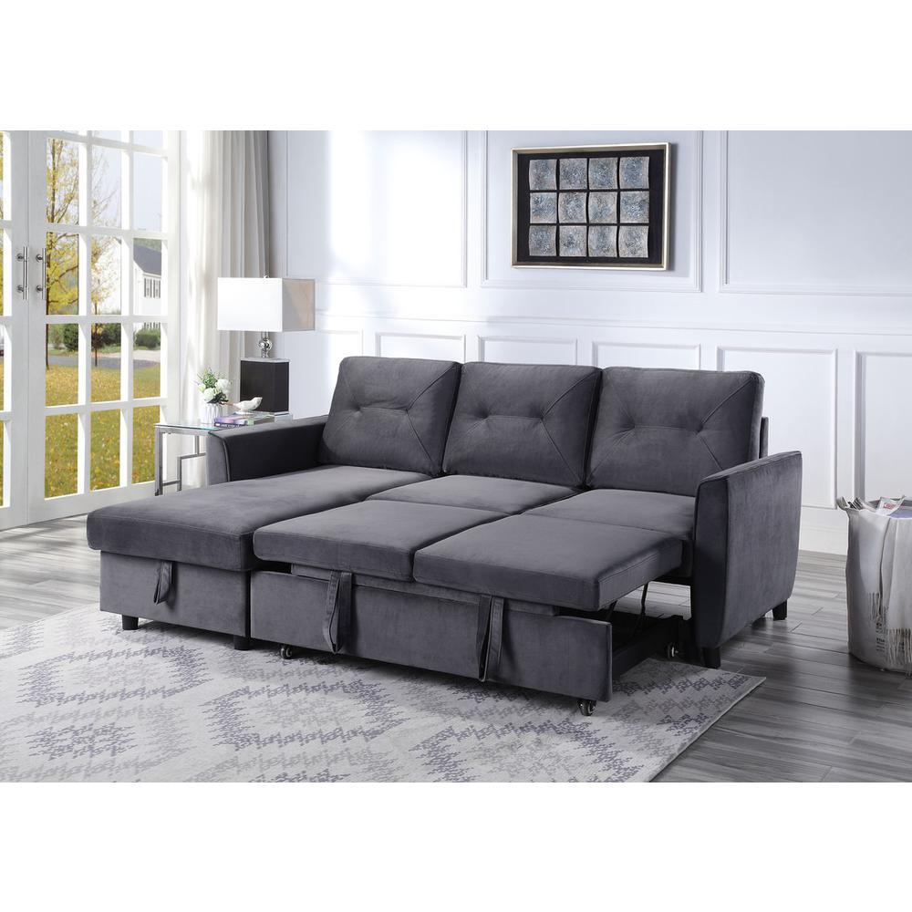 Hudson Dark Gray Velvet Reversible Sleeper Sectional Sofa with Storage Chaise. Picture 5