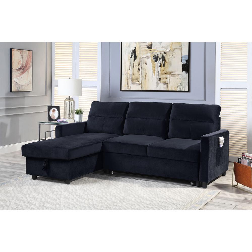 Ivy Black Velvet Reversible Sleeper Sectional Sofa with Storage Chaise and Side Pocket. Picture 2