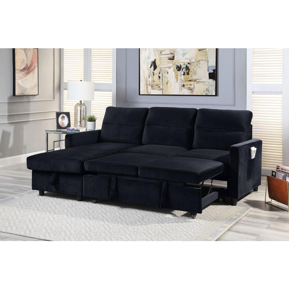Ivy Black Velvet Reversible Sleeper Sectional Sofa with Storage Chaise and Side Pocket. Picture 3