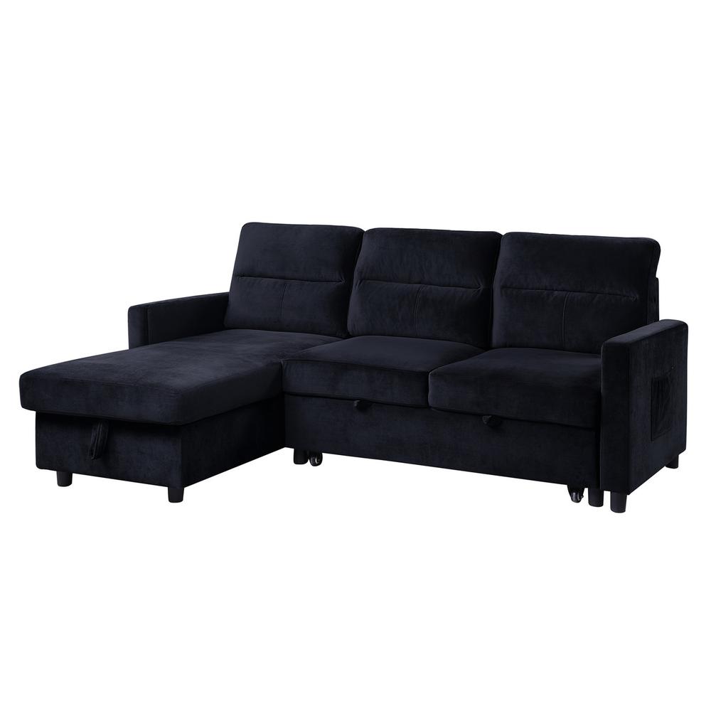 Ivy Black Velvet Reversible Sleeper Sectional Sofa with Storage Chaise and Side Pocket. Picture 1