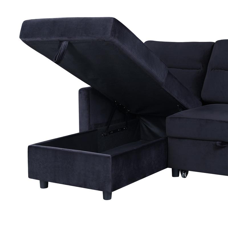 Ivy Black Velvet Reversible Sleeper Sectional Sofa with Storage Chaise and Side Pocket. Picture 5