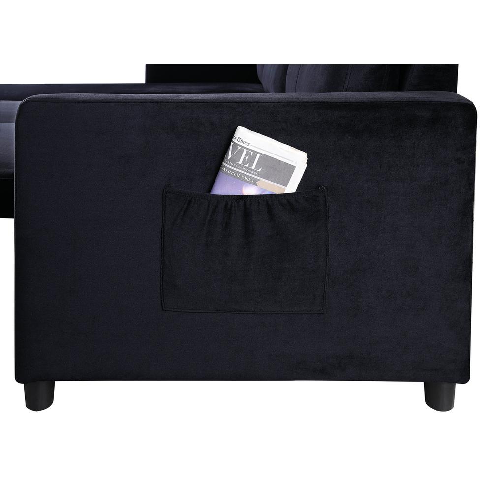 Ivy Black Velvet Reversible Sleeper Sectional Sofa with Storage Chaise and Side Pocket. Picture 4