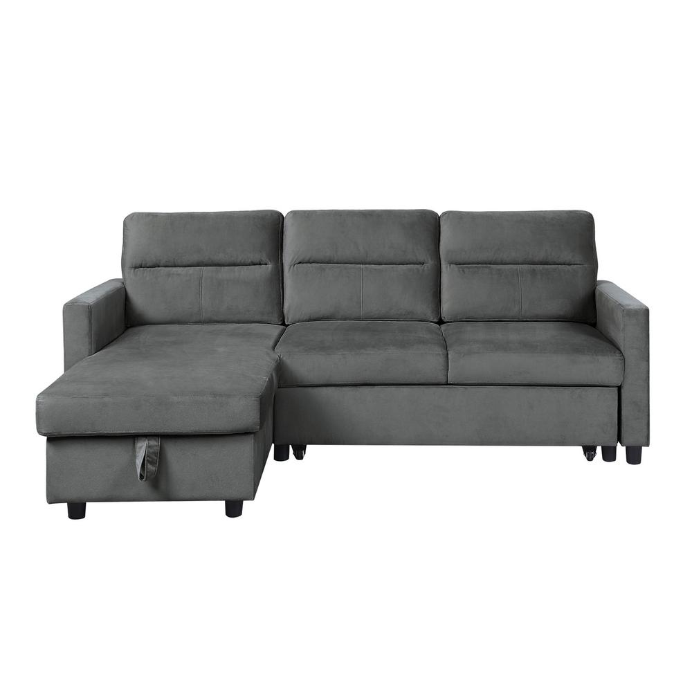 Ivy Dark Gray Velvet Reversible Sleeper Sectional Sofa with Storage Chaise and Side Pocket. Picture 3